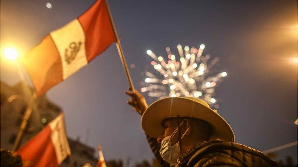 Followers of Pedro Castillo celebrate in Lima, Peru, 15 June 2021