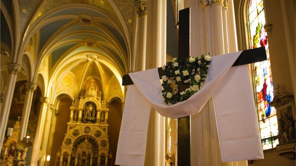 Church nave decorated for Easter