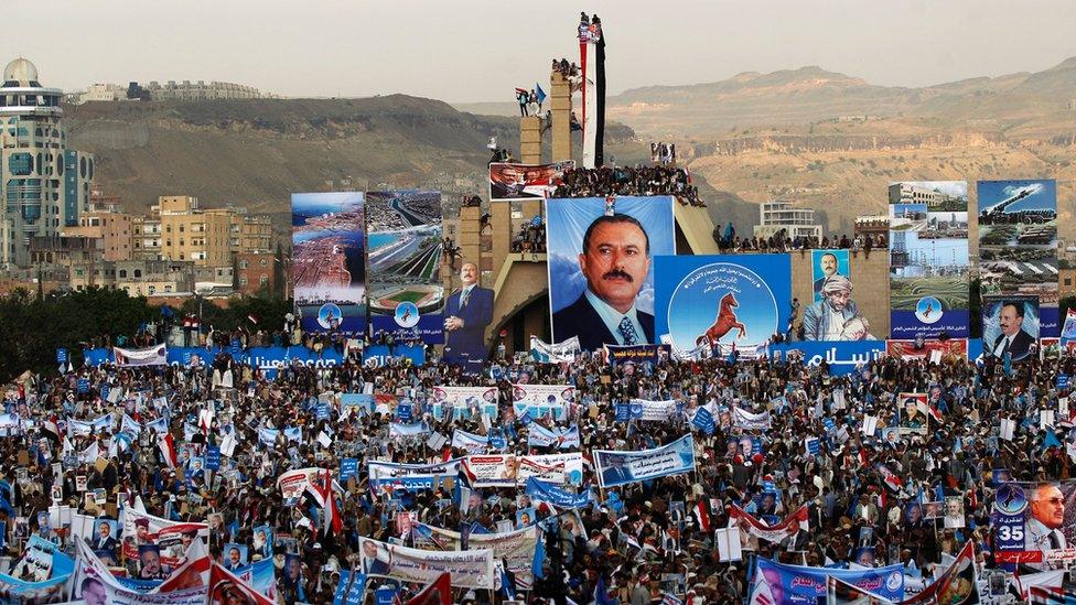 Thousands of Yemenis attend a rally in Sanaa to celebrate the 35th anniversary of the founding of the General People's Congress party on 24 August 2017