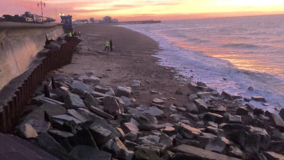 Collapsed sea defence wall at Southsea