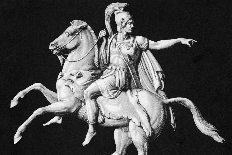 Portrait of Hannibal riding a horse and gesturing with his left arm, circa 200 BC