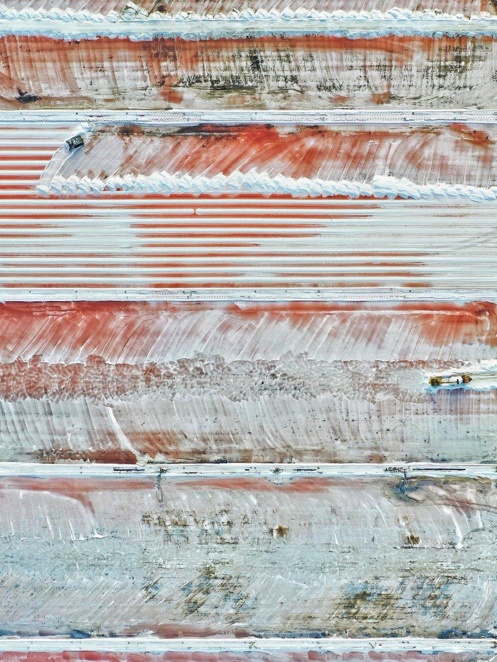 An aerial view showing a saltworks in France