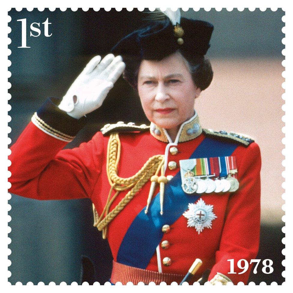 1978 stamp featuring the Queen in uniform during the Trooping of the Colour