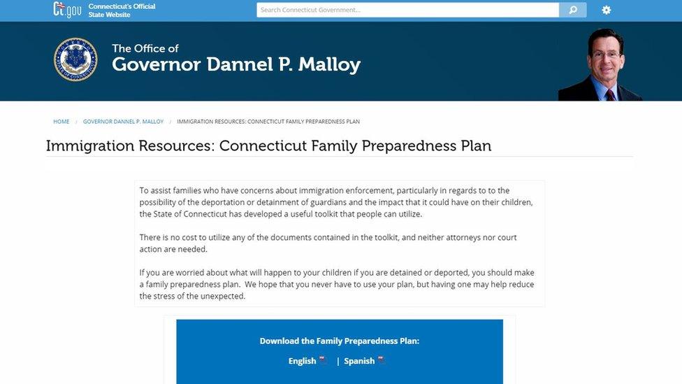 A page of the 'Immigration Resources: Connecticut Family Preparedness Plan'