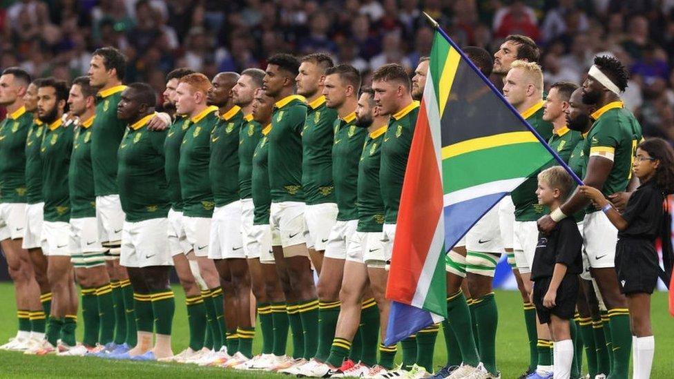 South Africa rugby team line up to face Tonga at 2023 France World Cup