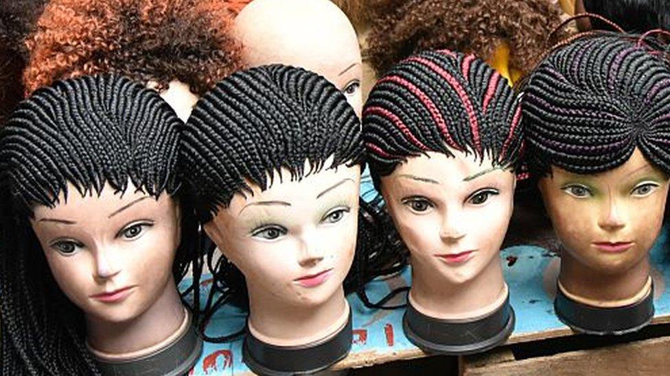 Wigs on mannequins