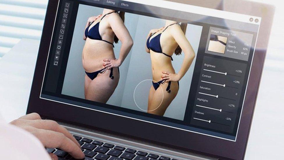 photo editing software open on laptop shows chubby original photo on left and touched-up, more tanned, skinny photo on right