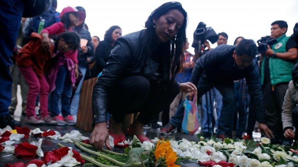 Colleagues of the Ecuadorean journalists and driver kidnapped and killed by renegade Colombian rebels, hold a vigil in their name, at the Journalists" Square in Quito, on April 14, 2018.