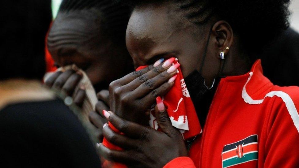 Kenyan athletes mourn during the funeral service of long-distance runner Agnes Tirop