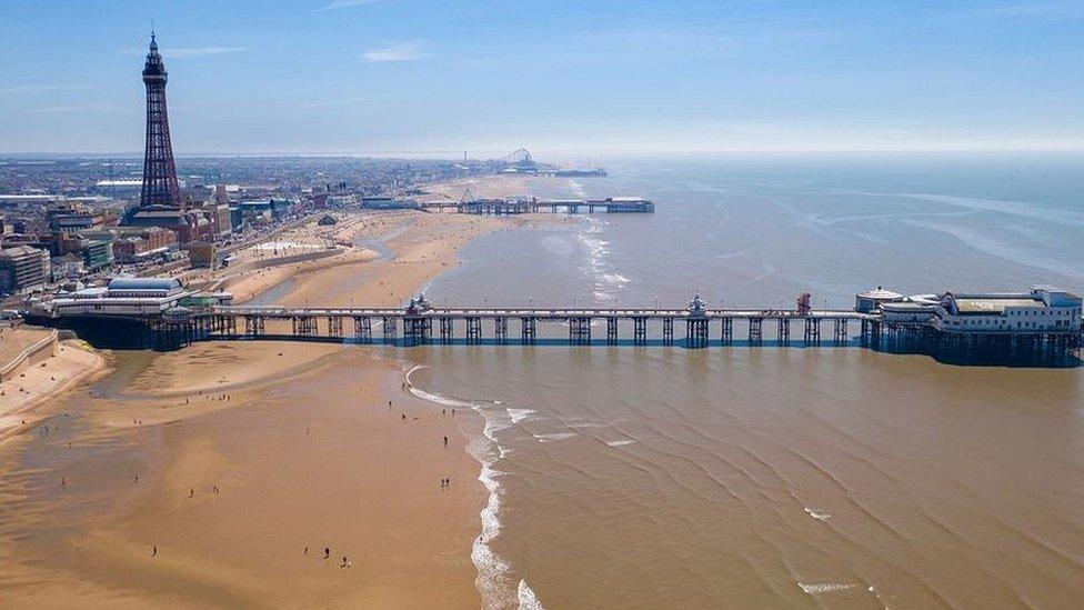 Blackpool beach with tower and pier