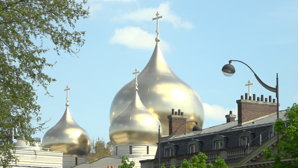 The golden spires of the Russian Orthodox Cathedral de la Sainte-Trinité in Paris