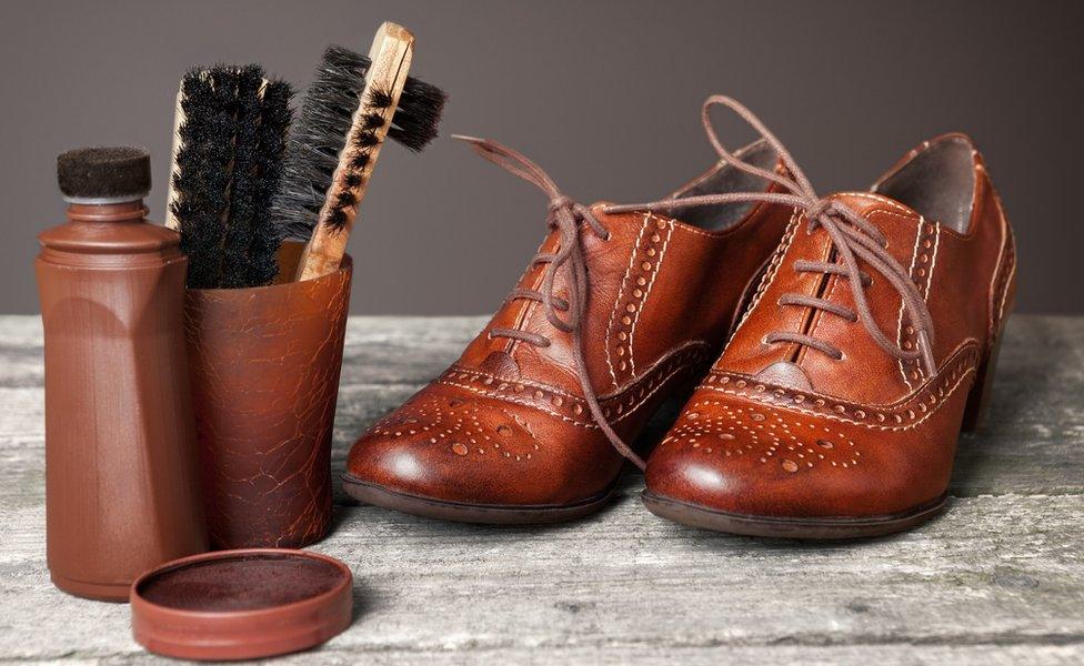 Shoes and cleaning kit on a table