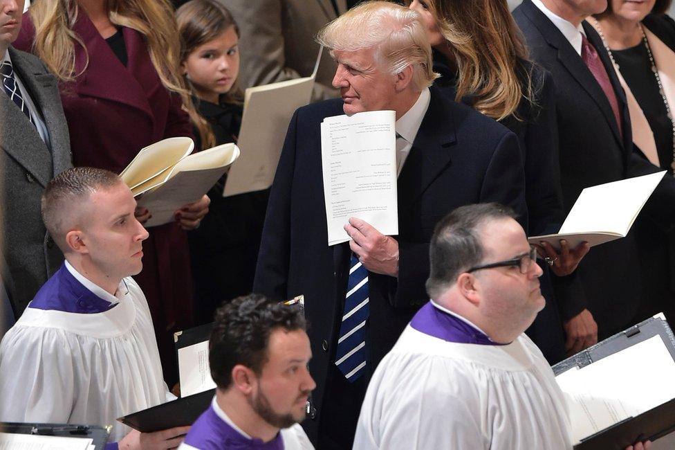 US President Donald Trump attends the National Prayer Service at the National Cathedral on January 21, 2017 in Washington, DC.