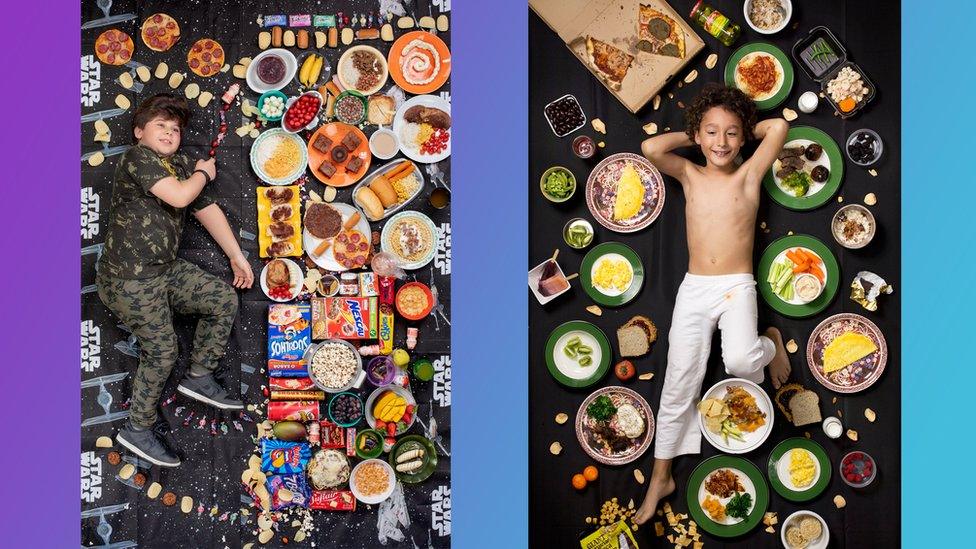 two photos of kids surrounded by food