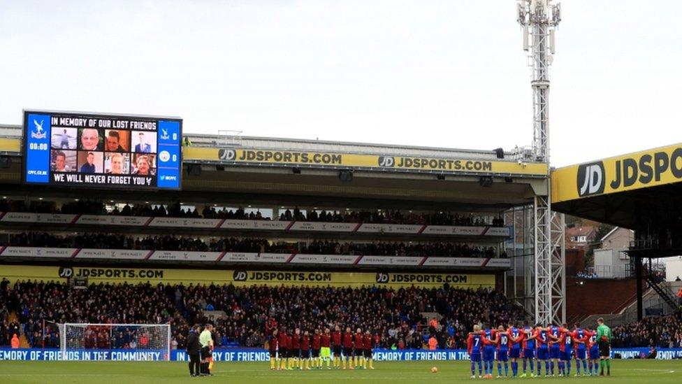 Crystal Palace players observe a minute's silence in honour of the victims of the Croydon tram crash prior to kick off, during the Premier League match against Manchester City at Selhurst Park