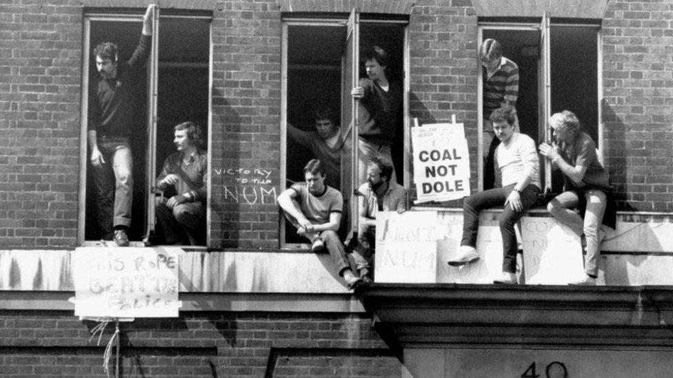 Miners at the National Coal Board HQ in London during the strike