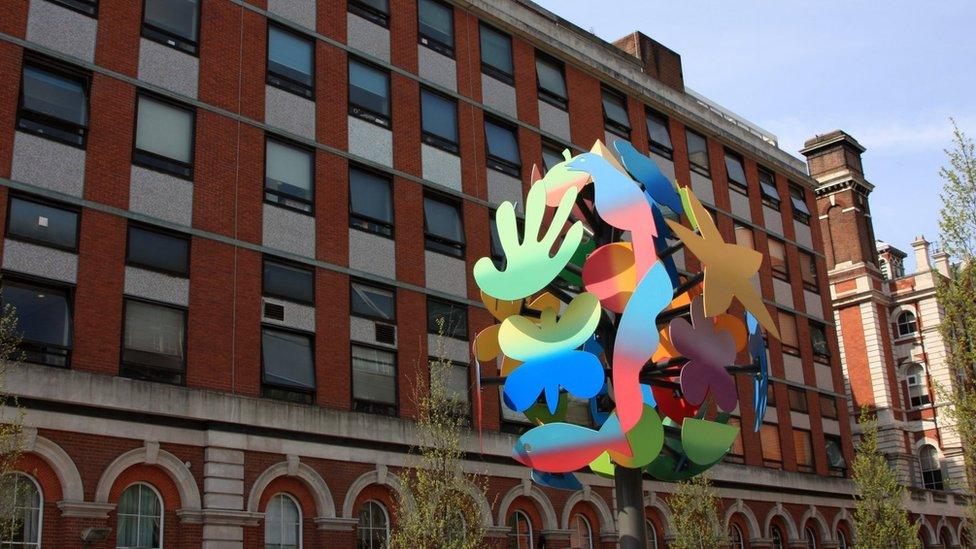 Images showing a colourful sculpture outside Eveline Hospital in Westminster.