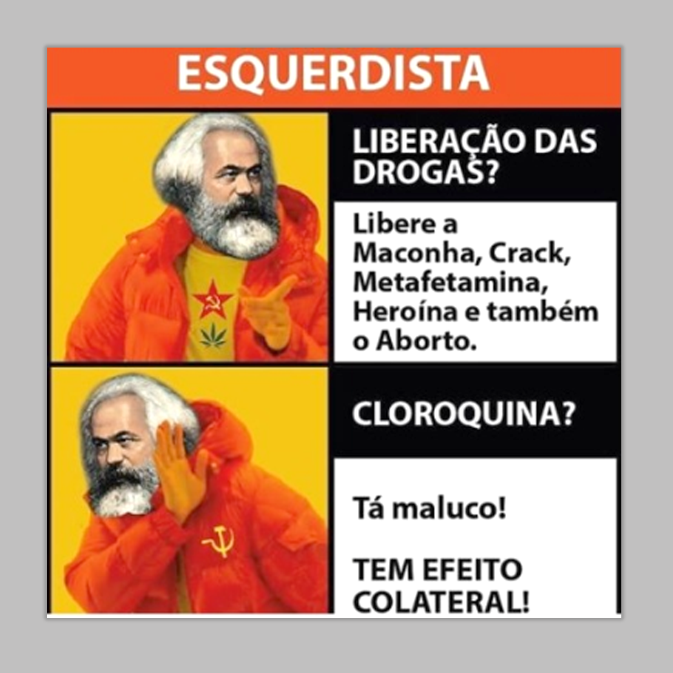 A meme showing two images of Karl Marx in an orange puffer jacket accompanied by text in Portuguese.