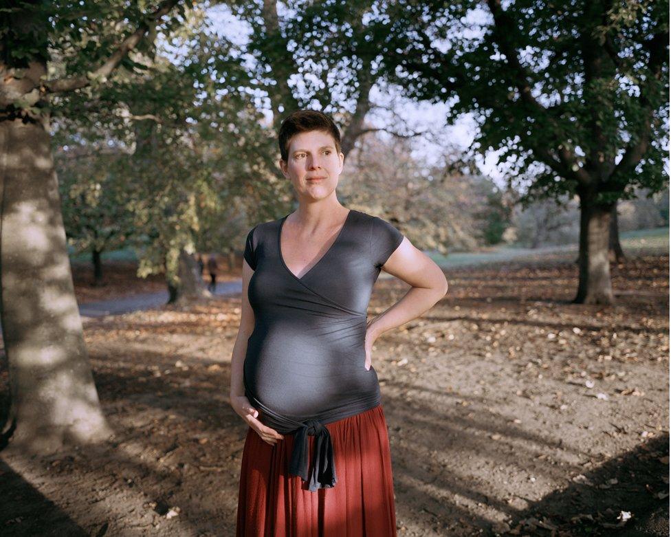 Ellen in Greenwich park 2 weeks before her birth at a birthing suite at the Queen Elizabeth hospital in Woolwich.