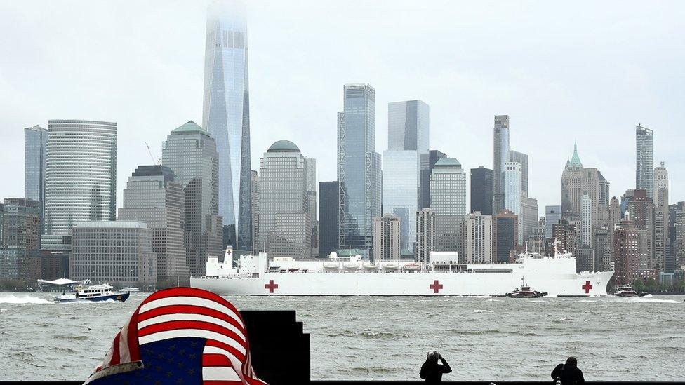 The USNS Comfort departs for its homeport of Norfolk, Virginia on 30 April, 2020 in New York City