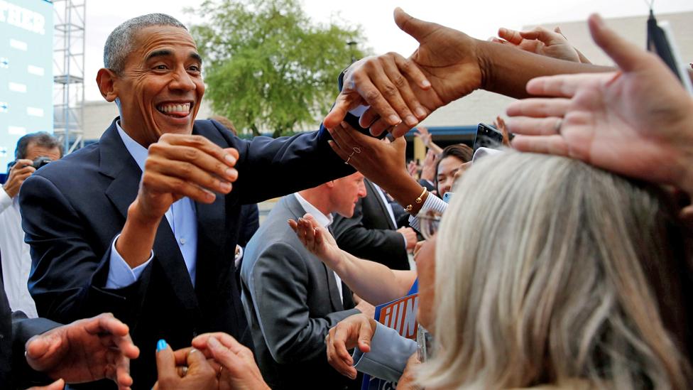 President Barack Obama greets supporters at a rally for Hillary Clinton in Las Vegas, Nevada - 23 October 2016