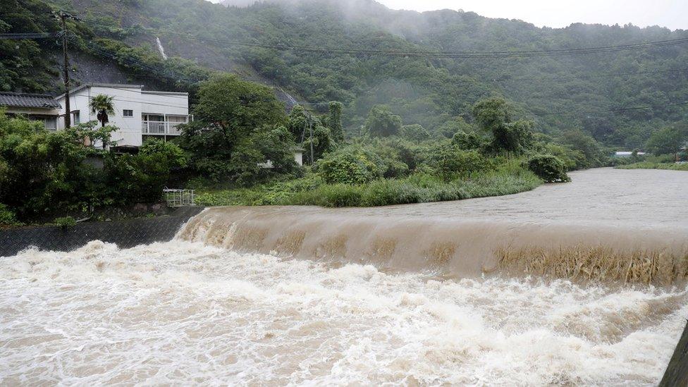 The Futami River is swollen due to heavy rain in Yatsushiro, Kumamoto Prefecture, Kyushu island