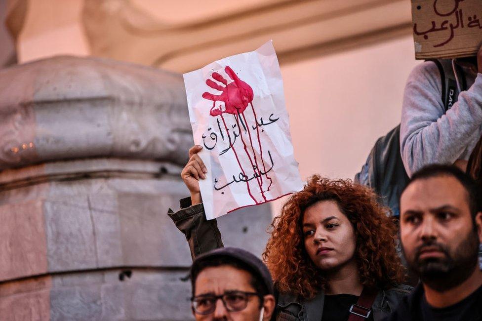 People gather at Avenue Habib Bourguiba to stage a protest against the violence by security forces during protests in Aguereb in Sfax province demanding the closure of garbage dump in the city.