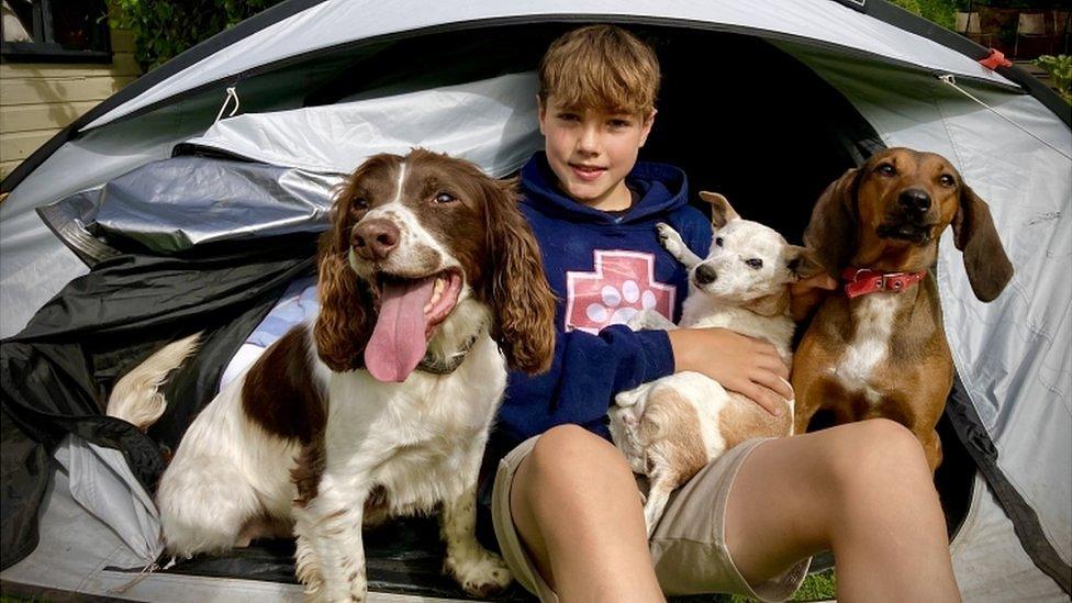 Ashley in his tent with his three dogs