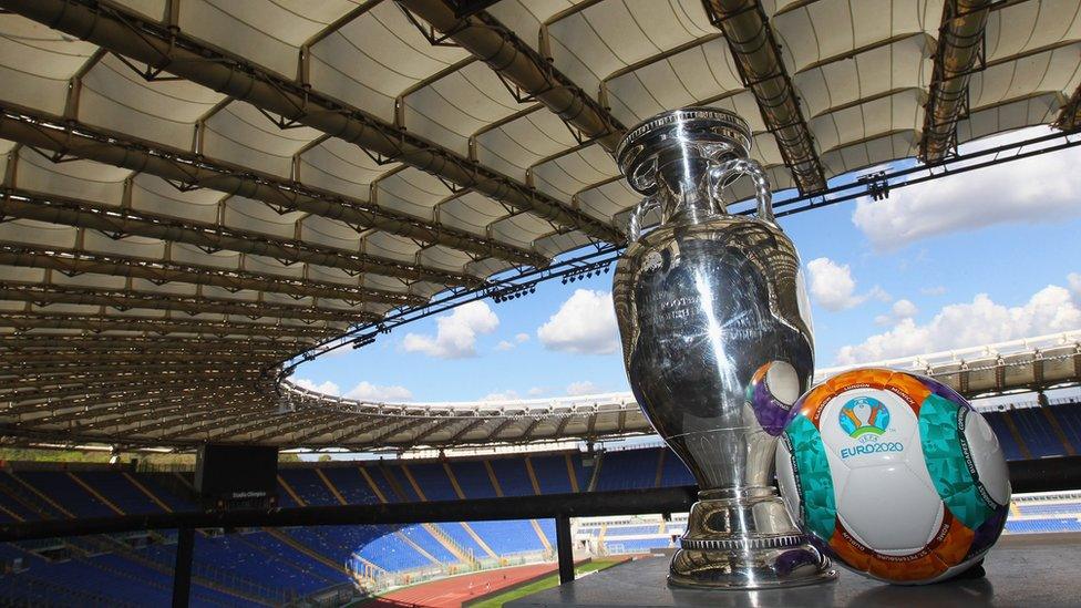 The Uefa Euro Trophy in the Stadio Olimpico in Rome