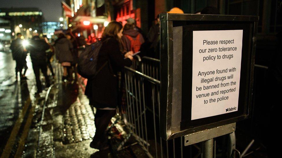 Drugs policy sign outside Fabric