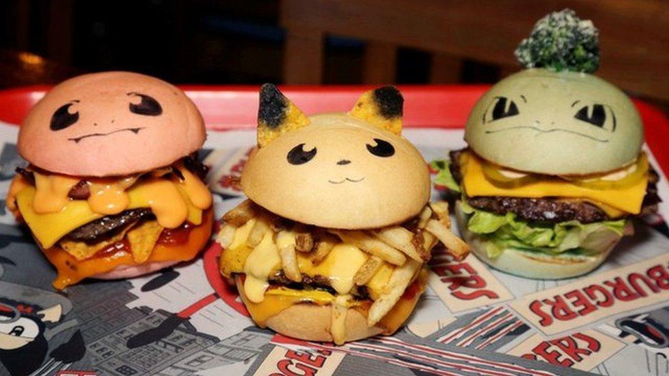 3 burgers that look like Pokemon characters.