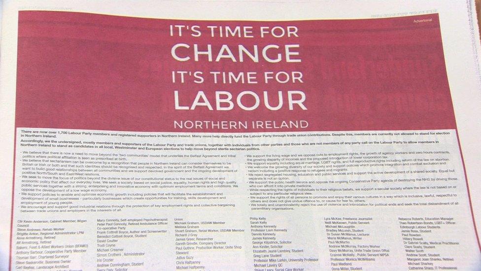 A newspaper advertisement explaining the case for the Labour Party to stand candidates in Northern Ireland