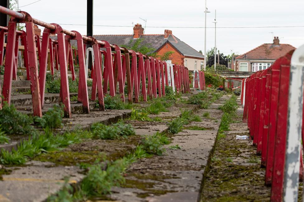 Terraces at the Racecourse Ground, home to Wrexham FC, in September