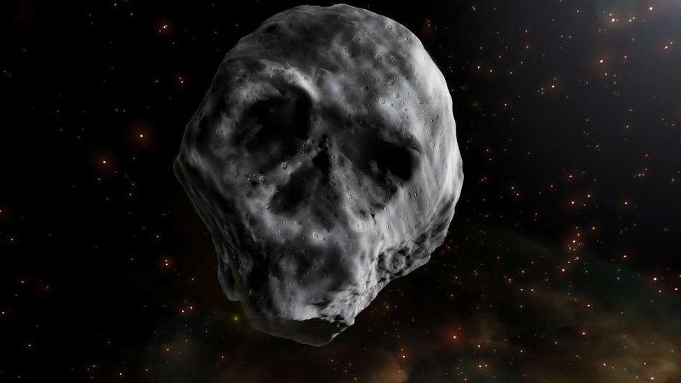 An artist impression of the Halloween asteroid shaped like a human skull