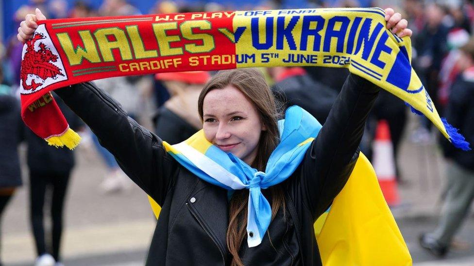 A Ukraine fan in Cardiff for the World Cup play-off match, 5 Jun 22