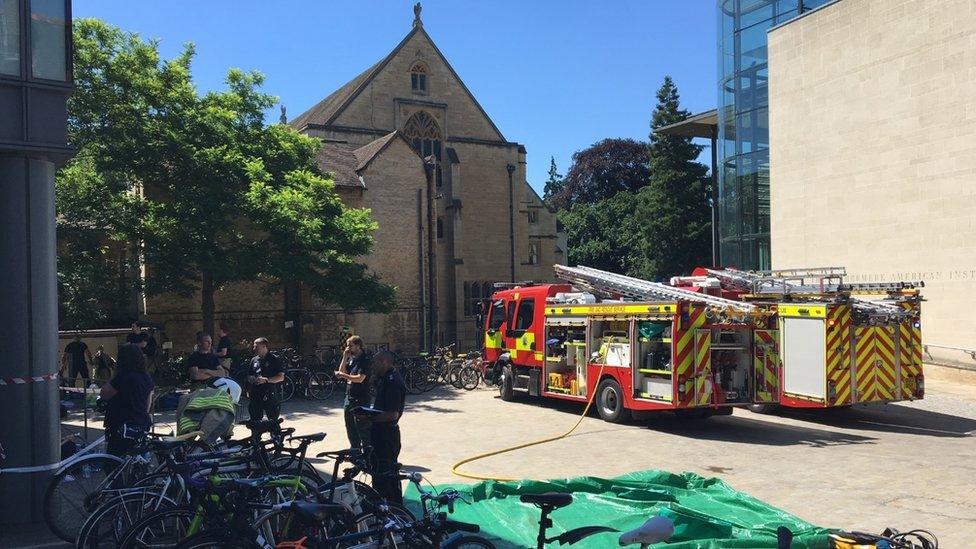 Oxfordshire Fire and Rescue crew members at Oxford University's Chemical Research Laboratory