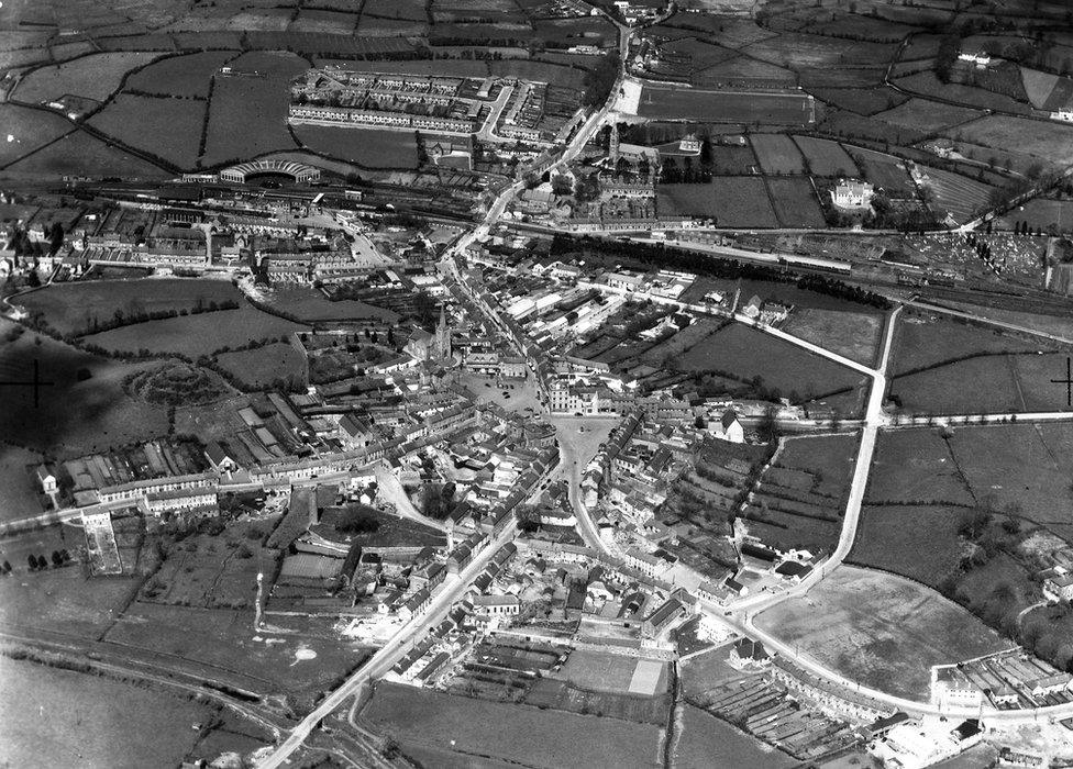 An aerial view of Clones, close to the County Fermanagh border, circa 1952