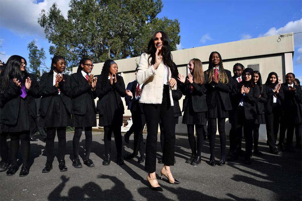 The Duchess of Sussex meets school children at a school in Dagenham