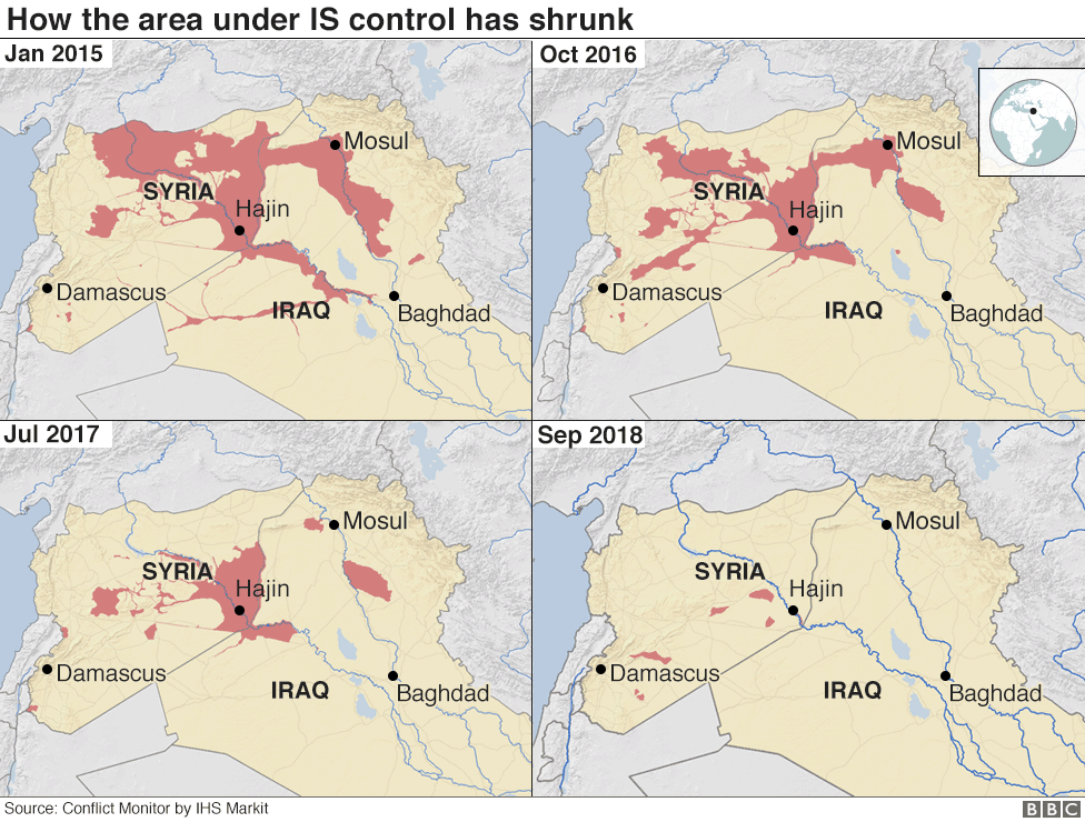 Graphic showing how the area under IS control has shrunk since January 2015