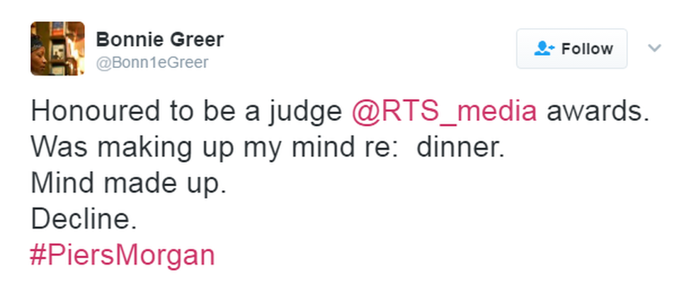 Bonnie Greer on Twitter: "Honoured to be a judge @RTS_Media awards. Was making my mind up re: dinner. Mind made up. Decline #PiersMorgan