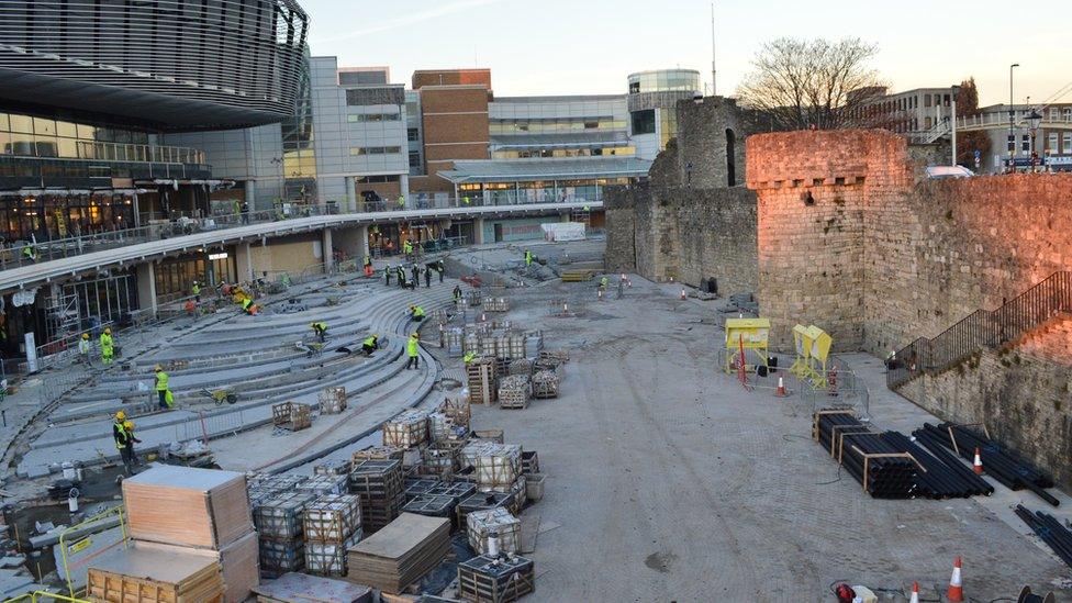 WestQuay Watermark under construction with the Southampton town walls