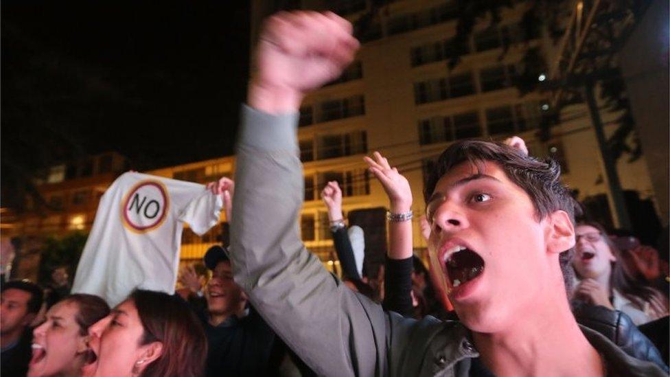 "No" supporters celebrate following their victory in the referendum on a peace accord to end the 52-year-old guerrilla war between the FARC and the state on October 2, 2016 in Bogota, Colombia.