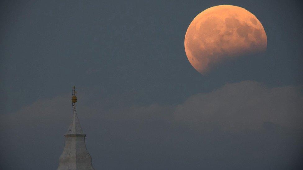 A view of the partial lunar eclipse photographed from Tiszafoldvar, 144 kms southeast of Budapest, Hungary, 07 August 2017