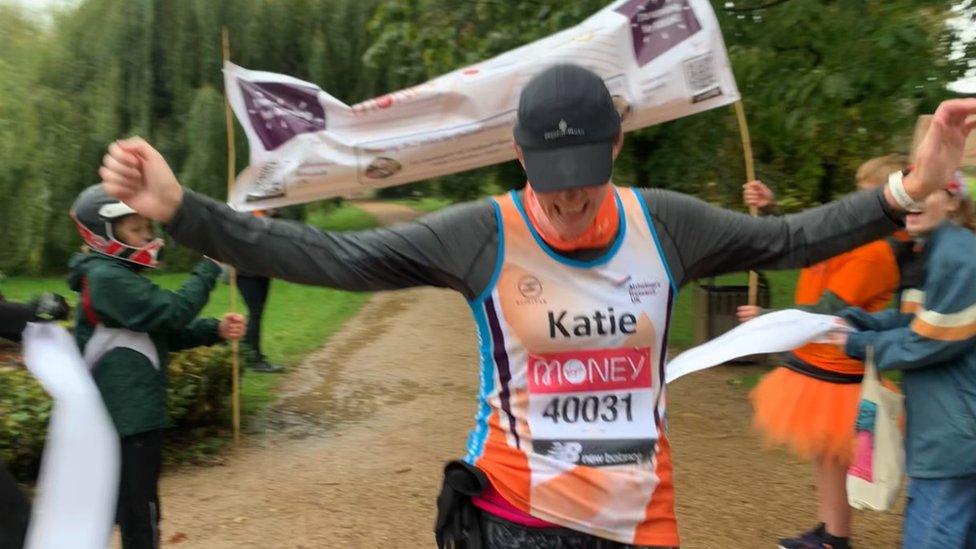 Katie Thomas finishing the virtual London Marathon in October