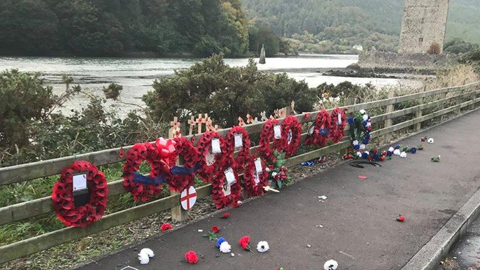 Vandalised wreaths at Narrow Water