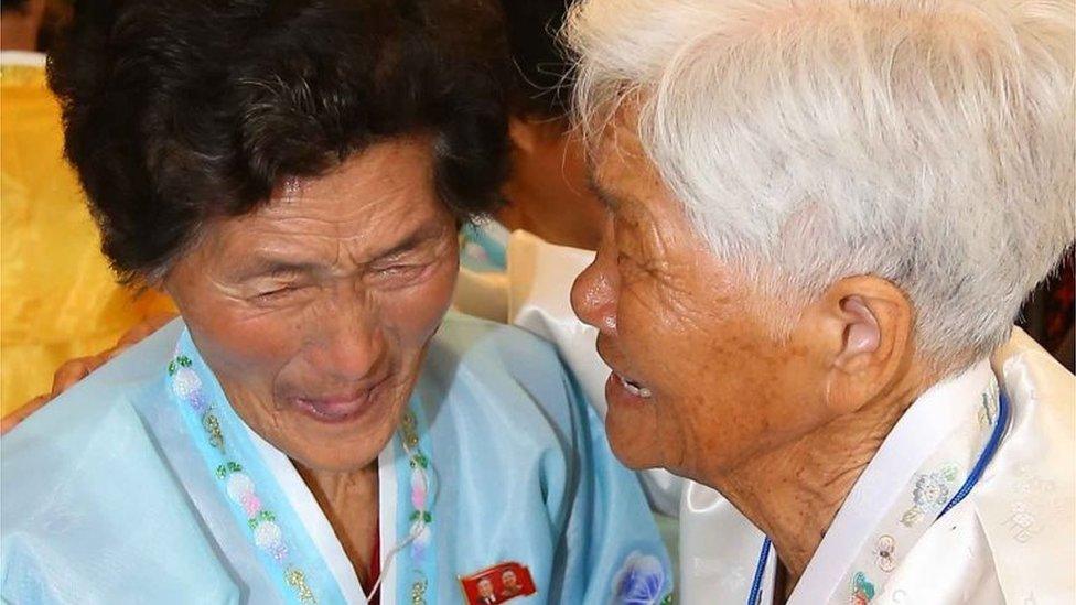 North Korean Ro Yeong-Hwa (L), 88, cries with her South Korean sister Noh Yeong-Nyeo (R), 93, during a family reunion event at North Korea"s Mount Kumgang resort on October 24, 2015.