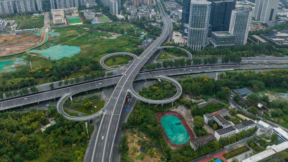 Aerial view of near-empty streets as Chengdu imposes city-wide static control to curb new COVID-19 outbreak on September 1, 2022 in Chengdu, Sichuan Province of China.