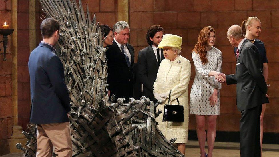 The Queen and Duke of Edinburgh visiting the set of Game of Thrones in Belast in 2014