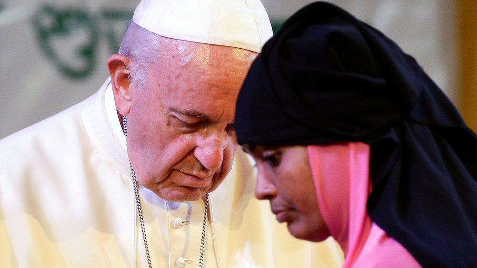 Pope Francis meets a group of Rohingya refugees in Dhaka, Bangladesh December 1, 2017