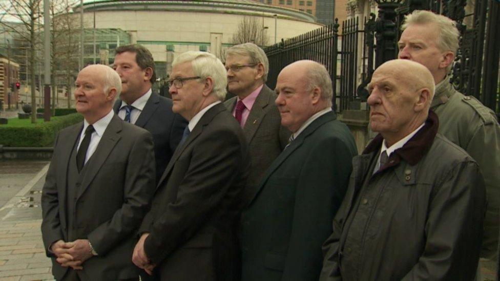 The group known as the 'Hooded Men' spoke to the media outside court along with their legal representatives